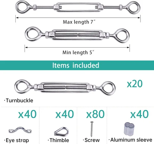 Vista 2 de Muzata Juego de 20 herrajes para barandillas de cable de 1/8 pulgadas, tensor resistente M5 de ojo a ojo para poste de madera T304 de acero