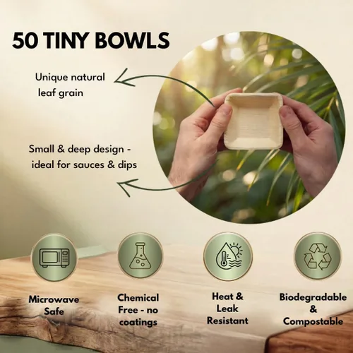 Vista 2 de Mini cuencos de hoja de palma de 3 pulgadas para salsas, aderezos para ensaladas, pequeños vasos desechables para salsa de soja, paquete de 50