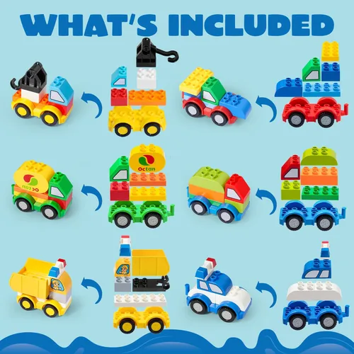 Vista 4 de JOYIN Juego de 80 bloques de construcción de automóviles para niños pequeños, 12 vehículos diferentes, construye tus propios autos de juguete