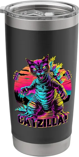 Streetwear Synthwave 80s 90s Catzilla Cat Japanese teen Stainless Steel Insulated Tumbler Black