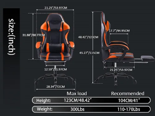 Vista 2 de Gaming Chair for Adults with Footrest & Lumbar Support - High Weight Capacity PU Leather Computer Chair, 360° Swivel, Orange