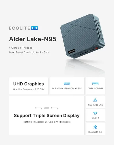 Vista 2 de BOSGAME Mini PC E3 Neo, Alder Lake N95 Mini computadoras USB-C con todas las funciones, RAM DDR4 de 16 GB, SSD NVMe de 512 GB, pantalla triple 4K