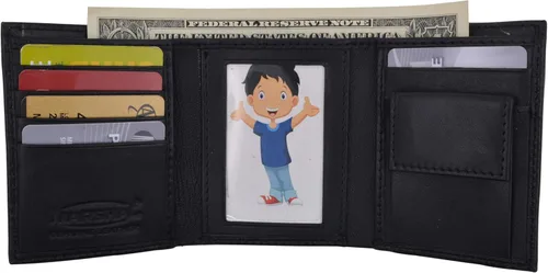 Vista 2 de Marshal Cartera de cuero genuino para niños, delgada y compacta con bolsillo para monedas, color negro, Negro -, Cartera triple