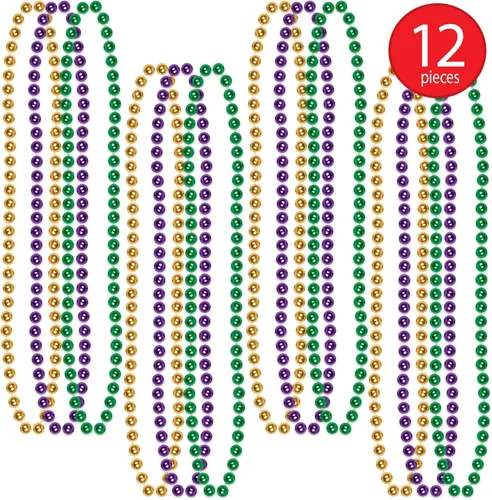 Vista 4 de Beistle Collares de cuentas Mardi Gras, 12 piezas para recuerdos de fiesta, 33 pulgadas, oro/verde/morado
