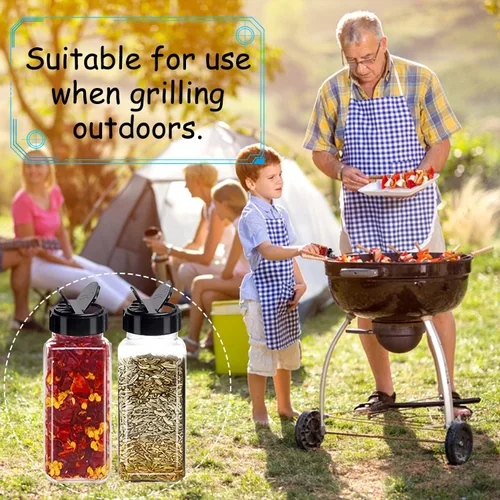 Vista 5 de Tiaiidi Paquete de 24 tarros cuadrados de plástico para especias de 3.5 onzas, recipientes para condimentos con tapas de rosca negras para verter