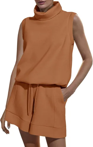 Eurivicy Conjunto de 2 piezas de pantalones cortos para mujer, sin mangas, cuello alto y pantalones cortos con cordón y bolsillos