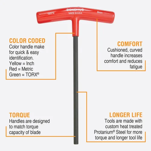 Vista 2 de Bondhus 13389 juego de 8 llaves hexagonales con mangos en T con soporte, tamaños de 2 mm a 10 mm, multicolor, talla única
