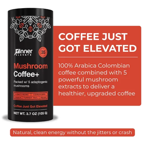 Vista 7 de Inner Elevate Superalimento de café de hongos con 5 hongos adaptogénicos – Alternativa de café mejorada con media cafeína – Arábica con melena