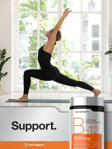 Vista 9 de Horbäach Vitamina B12 de 5000 mcg 120 tabletas de disolución rápida Metilcobalamina sublingual Suplemento vegetariano, sin OGM y sin gluten