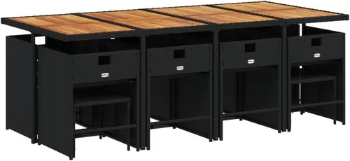 Vista 3 de 9 Piece Patio Dining Set Outdoor Furniture PE Rattan & Acacia Wood Black Rectangular Modern Design for Garden, Terrace, and Balcony