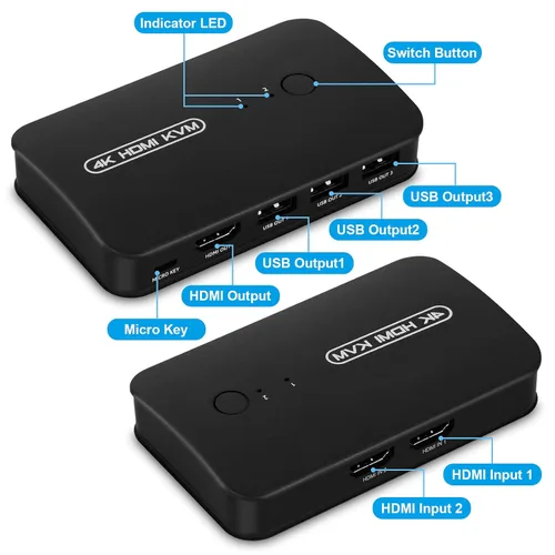 Vista 3 de DGODRT Conmutador KVM USB HDMI 2 Puertos Caja Selectora para 2 Computadoras Compartir Teclado Ratón Impresora y 1 Monitor HD 4K, 2 Cables KVM