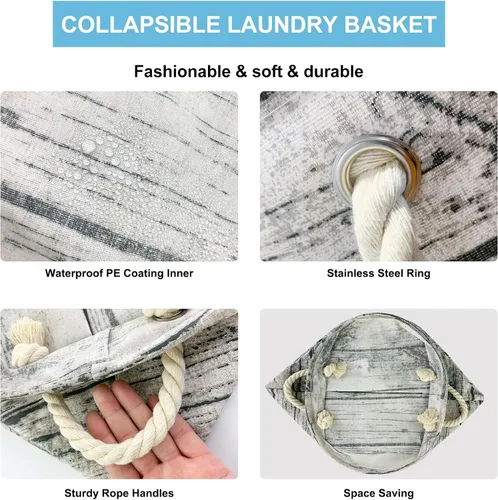 Vista 5 de Mziart Cesta de lavandería grande única con asas de cuerda, plegable de grano de madera, impermeable, elegante cesta de almacenamiento