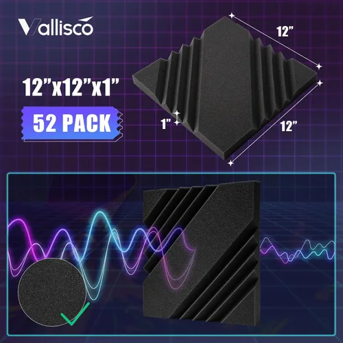 Vista 6 de VallisCo Paquete de 52 paneles acústicos de 1 x 12 x 12 pulgadas, paneles de espuma acústica para insonorización, reducción de ruido, paneles