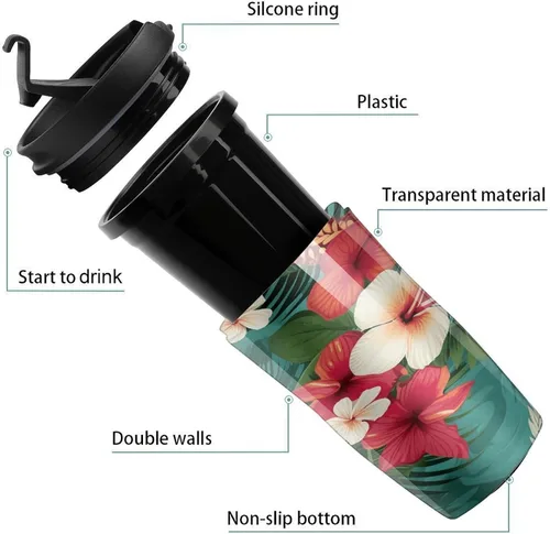Vista 3 de Hawaiian Flowers on Green Background Coffee Cup Hot Coffee Travel Mug Reusable Iced Coffee Cups Double Heat Insulation Coffee Mug with Leak-Proof