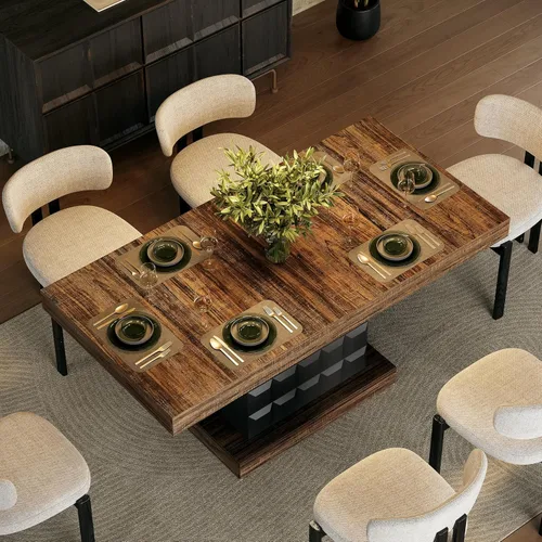 Vista 10 de LITTLE TREE Mesa de comedor moderna de 63 pulgadas, mesa rectangular para 4-6, mesa de cocina de granja, base de pedestal de madera resistente