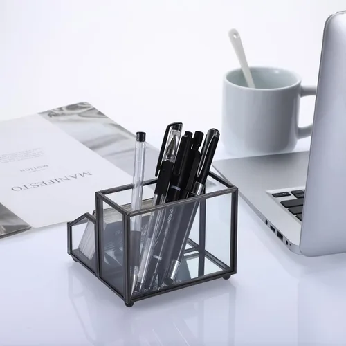 Vista 7 de Hipiwe Soporte de cristal para tarjetas de presentación, soporte de metal para lápices, para escritorio, transparente, tarjeta de presentación