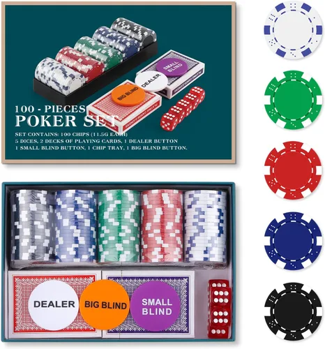 Homwom Juego de póquer para viajar, 100 piezas, 5 colores, fichas de póquer profesionales en caja de regalo de cartón, fichas de póquer de casino de