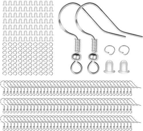 Vista 13 de MENKEY Ganchos para aretes mixtos de ley 925, 120 piezas/60 pares, cables de oreja para hacer joyas, piezas hipoalergénicas con 120 tapones