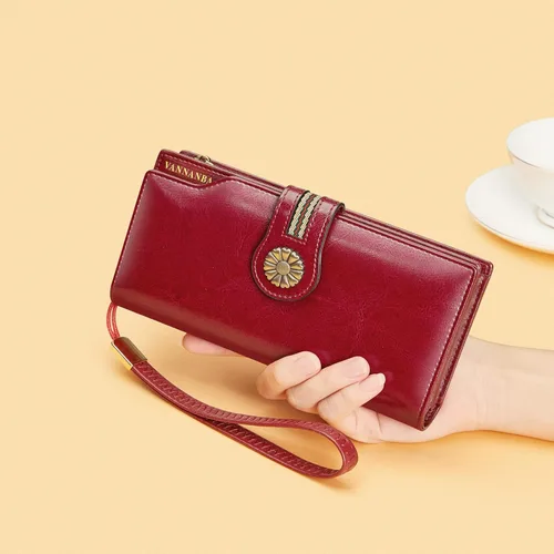 Vista 3 de VANNANBA Cartera de mano de gran capacidad para mujer, bloqueo RFID, encerada, piel auténtica, con cremallera, tarjetero, Rojo -, Vintage