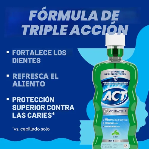 Vista 4 de ACT Enjuague bucal anticaries con flúor sin alcohol, previene caries, refresca el aliento y fortalece los dientes, sabor a menta, 18 onzas líquidas