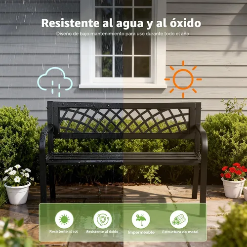 Vista 4 de Banco de jardín, bancos al aire libre, banco de patio con marco de acero de hierro con patrón de malla y reposabrazos de respaldo de plástico