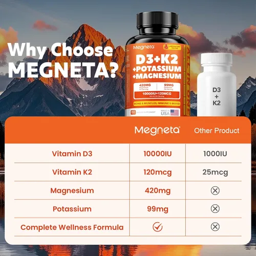 Vista 7 de Vitamina D3 K2 (MK-7) 10,000 UI con glicinato de magnesio y suplemento de potasio – Complejo sistémico para apoyo óseo, muscular, corazón, inmune