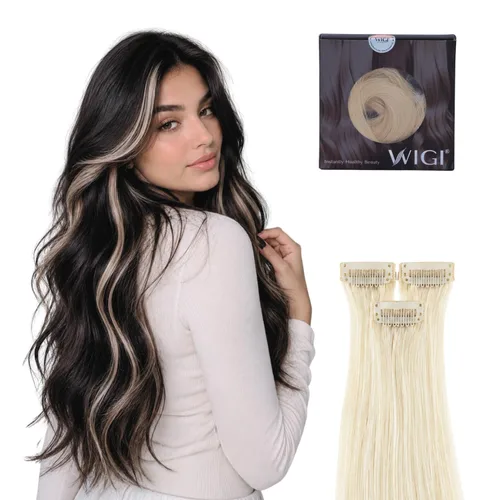 Vista 19 de WIGI 3 clips de cabello humano con reflejos, champán de 24 pulgadas #18A/60 Champaign Highlight