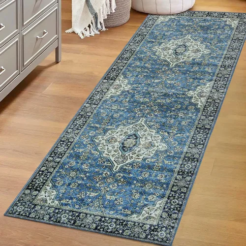 Vista 24 de SUPERIOR Medallion - Alfombra lavable, respaldo de algodón, alfombra para mesa de comedor, alfombra para vestíbulo, de fácil cuidado, alfombra Negro