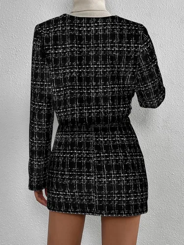 Vista 2 de Floerns Conjunto de 2 piezas para mujer, blazer de tweed a cuadros, chaqueta de manga larga y falda