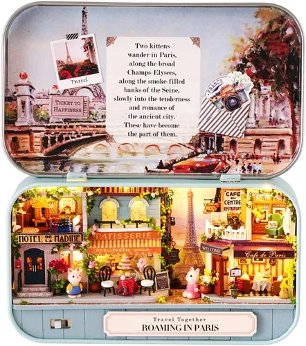 Vista 8 de Spilay - Casa de muñecas en miniatura con muebles, kit de casa de muñecas (hazlo tú mismo) mini caja de hierro tipo teatro, a escala 1:24