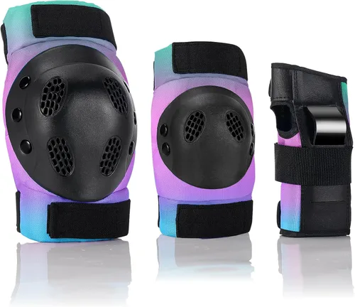 Vista 4 de Almohadillas para patineta para niños, jóvenes y adultos, coderas y muñequeras, equipo de protección, correas dobles fuertes y clips ajustables