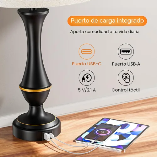 Vista 3 de Seealle - Juego de 2 lámparas táctiles mejoradas para mesitas de noche - Lámparas de noche con USB C+A, iluminación regulable de 3 niveles
