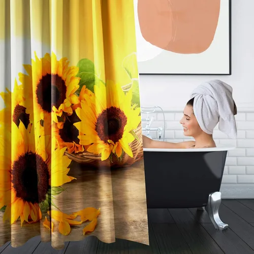 Vista 6 de Britimes Juego de cortinas de ducha de 4 piezas, con 12 ganchos, girasol de sol de verano con alfombras antideslizantes, cubierta de tapa de inodoro