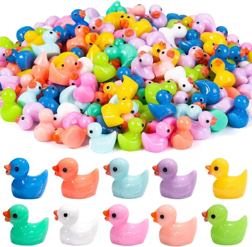 Vista 12 de DULEFUN 100 piezas mini patos con purpurina coloridos pequeños de resina para ocultar figuras de animales de plástico para casa de muñecas, micro