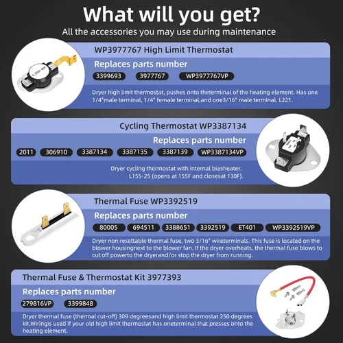 Vista 3 de 【Actualizado】Elemento de calefacción para secadora 279838 W10724237 para Whirlpool Wed4815ew1 Maytag Centennial Medc215ew1 Kenmore 70 80 Series