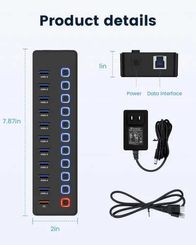 Vista 7 de Concentrador USB, concentrador USB alimentado, divisor de concentrador de 11 puertos, 10 puertos USB 3.0 de transferencia de datos + 1 puerto