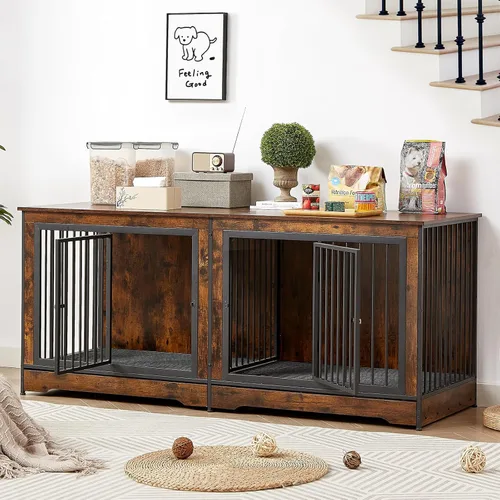 Vista 8 de Rovibek 78 Mueble Jaula Doble para Perros para 2 Perros Grandes de Interior, Muebles de Madera Jaulas para Perros con Cuenco para Perros, Mueble