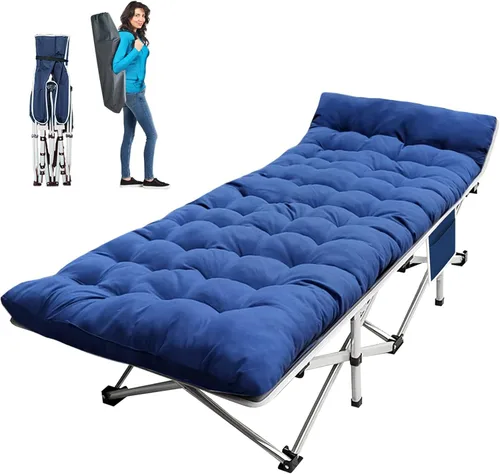 Vista 12 de Paquete de 2 catres de camping con colchón para dormir con almohadilla cómoda, cama de campamento resistente para adultos, catre plegable para casa
