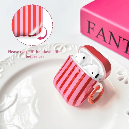 Vista 3 de Lovmooful Funda compatible con AirPods 2ª/1ª, linda funda colorida a rayas con diseño de hebilla redonda para mujeres y niñas, funda protectora