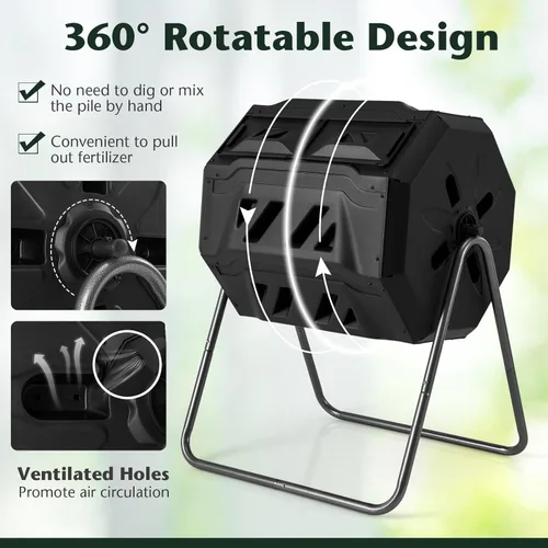 Vista 5 de Goplus Contenedor de compostaje de doble cámara para exteriores de 42 galones con 2 puertas corredizas, marco de metal resistente, compostador