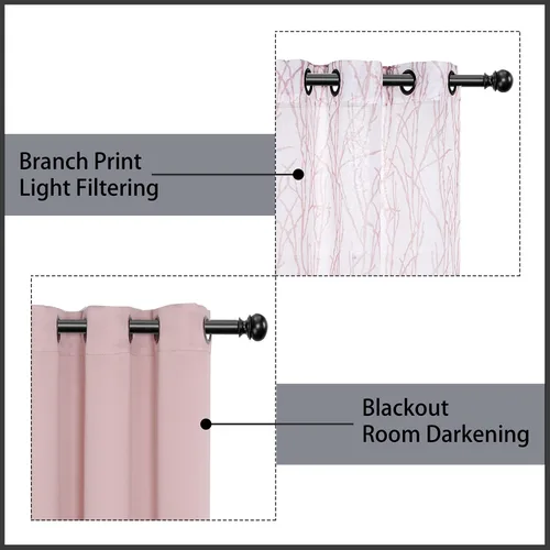 Vista 3 de BONZER Cortinas para Mezclar y Combinar - 2 Piezas de Cortinas Transparentes con Estampado de Ramas y 2 Piezas de Cortinas Opacas para Dormitorio