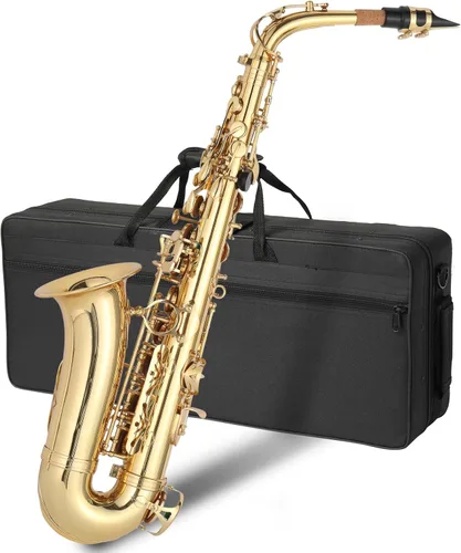 Vista 2 de Ktaxon Saxofón Alto Drop E Flat Brass Sax Starter Sax Kit completo con boquilla, estuche de transporte, guantes, barra de paño de limpieza, correa