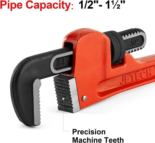 Vista 4 de Jetech Llave de tubo recta resistente de 10 pulgadas, plomero de aluminio ajustable con mandíbula de gancho flotante y mango de viga, color rojo