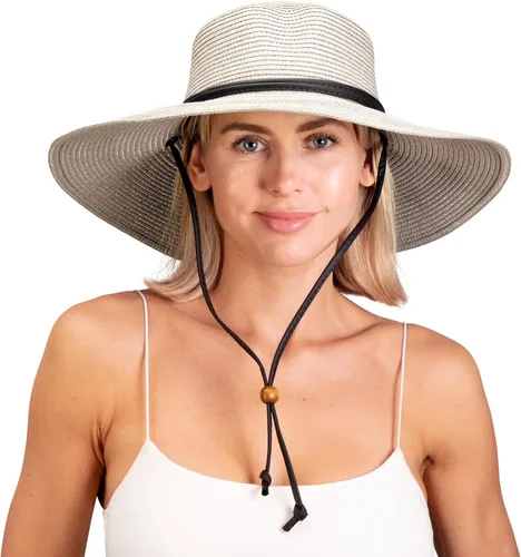 Vista 13 de Sloggers Sombrero de sol trenzado de ala ancha para mujer con cordón de viento, protección solar máxima UPF 50+ Piedra