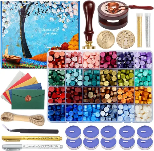 Comealltime Kit de sellado de cera con caja de regalo, 624 cuentas de sellado de 24 colores, 2 sellos, calentador de cera de sellado, bolígrafo