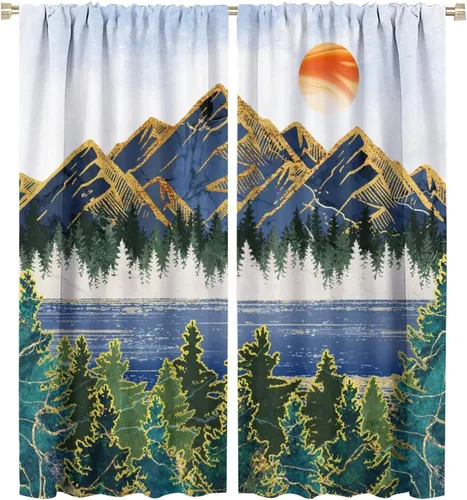 Vista 32 de Cortinas opacas abstractas de bosque y montaña para sala de estar, estilo retro, de mediados de siglo, bohemio, con diseño de mármol, aislamiento