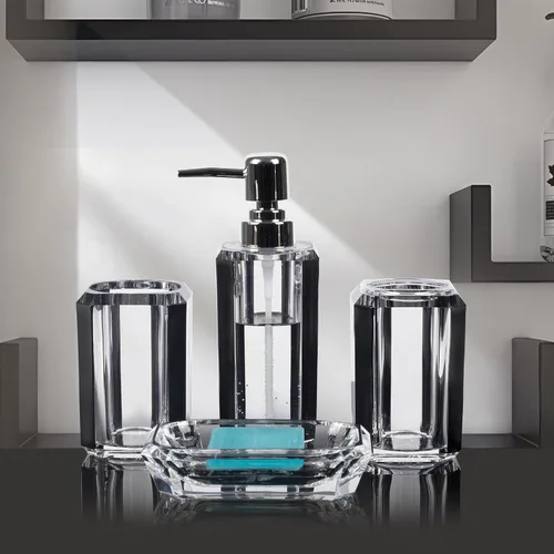 Vista 7 de 4 piezas de juego de accesorios de baño de acrílico premium, botella de desinfectante de manos, can de loción para baño, caja de jabón de botella