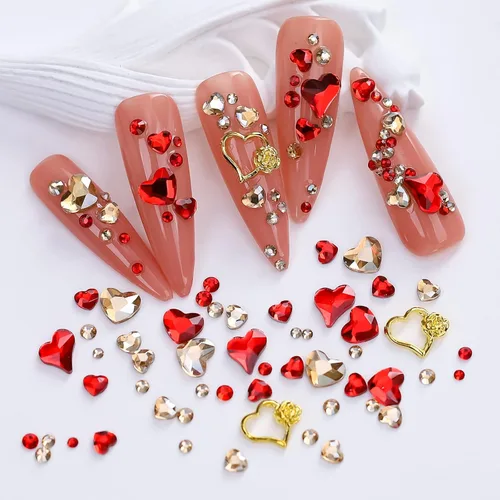 Vista 3 de 767 piezas de dijes de arte de uñas de corazón rojo, gemas de amor, decoración de San Valentín, cuentas redondas de oro rojo 3D, diseño de diamantes