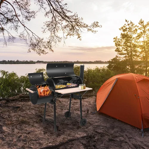 Vista 6 de TOPKEY Parrilla de carbón, parrillas de carbón grandes para barbacoa con quemador lateral, parrilla de barril al aire libre, perfecta