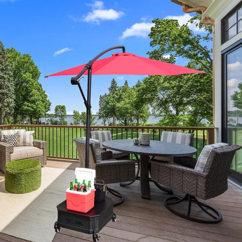 Base de paraguas con ruedas y mesa auxiliar para sombrilla de poste central o compensado. Base de paraguas rodante y soporte de paraguas rodante en